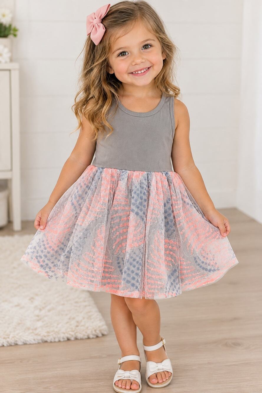 Truly Me by Sara Sara Girls 2T Gray Coral Tulle Dress Sparkle Party
